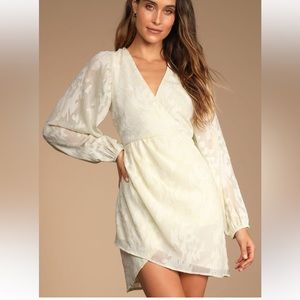 Lulu’s Meant to Shine Ivory Floral Jacquard Long Sleeve Mini Dress Size L